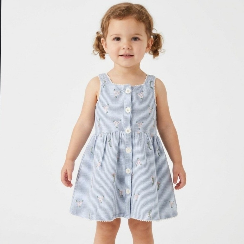 John Lewis Toddler Girls Blue Seersucker Floral Embroidered Button Front Dress 2